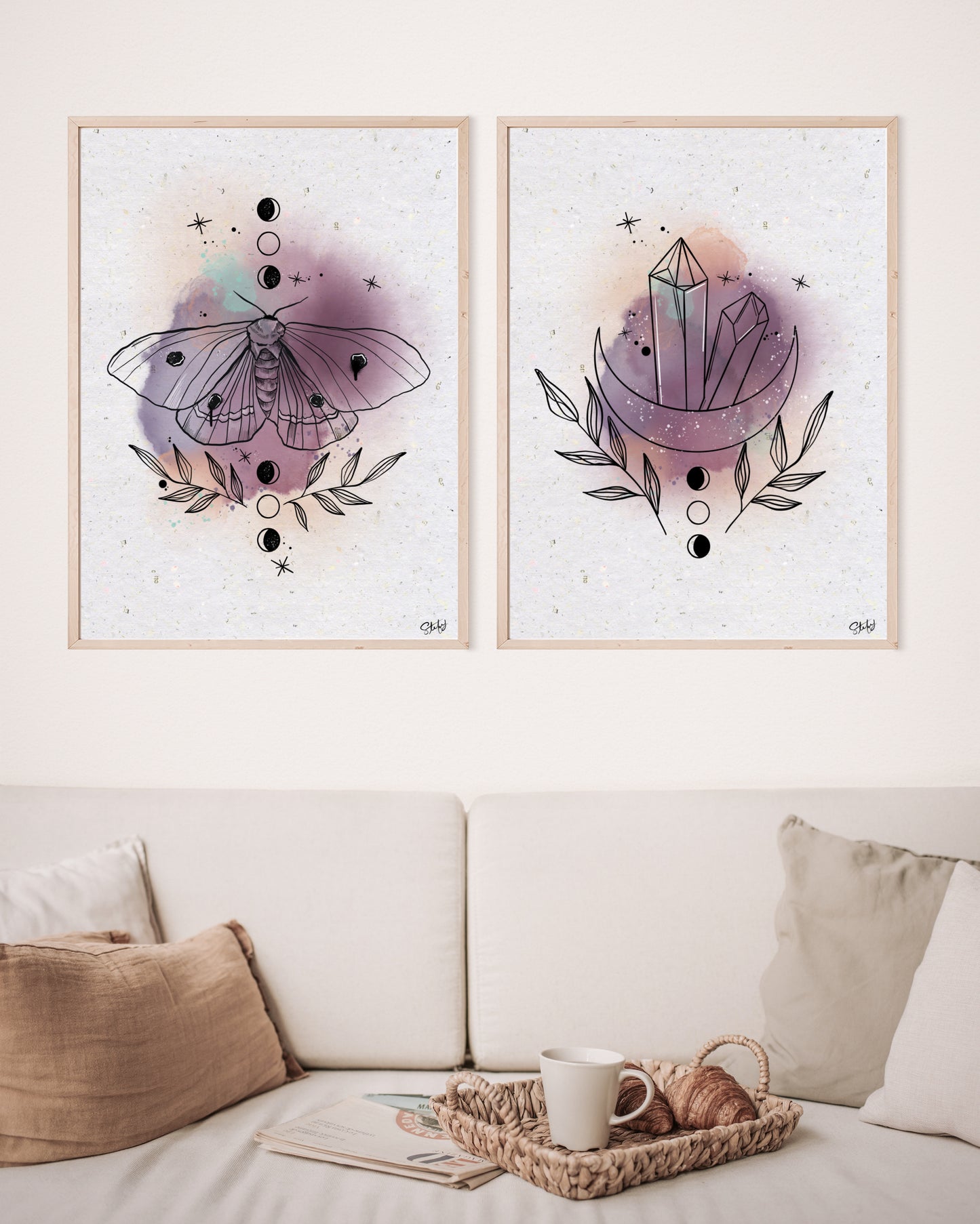 Duo illustrations de papillon de nuit, lune et cristaux à l’aquarelle, stefy artiste