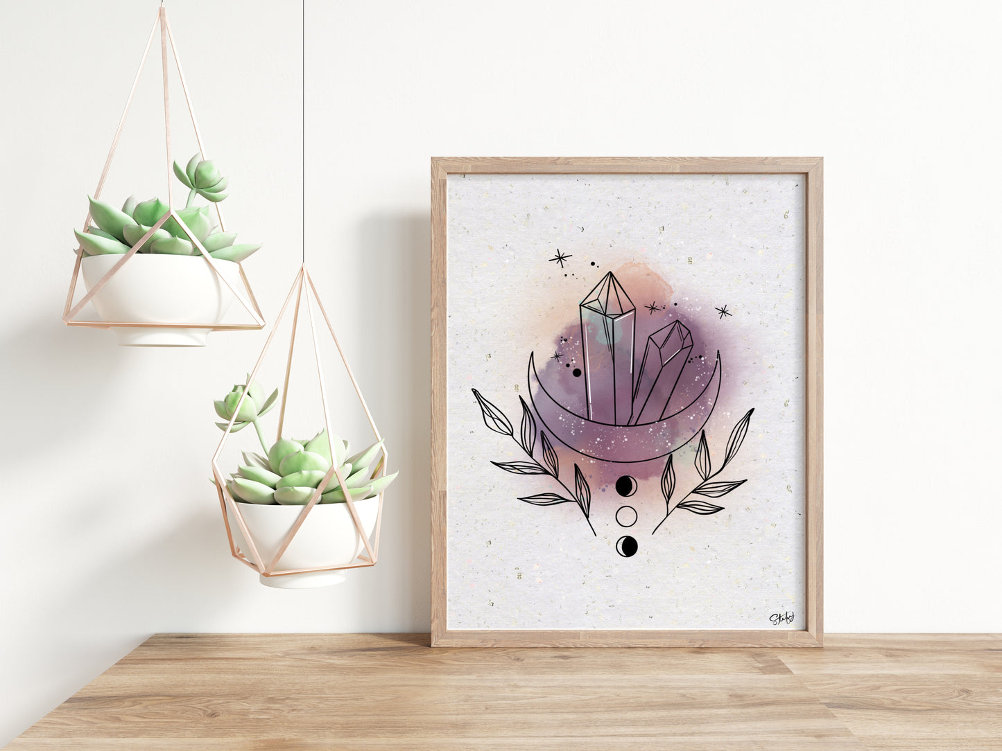 Illustration de cristaux et feuillage à l'aquarelle, impression d’art