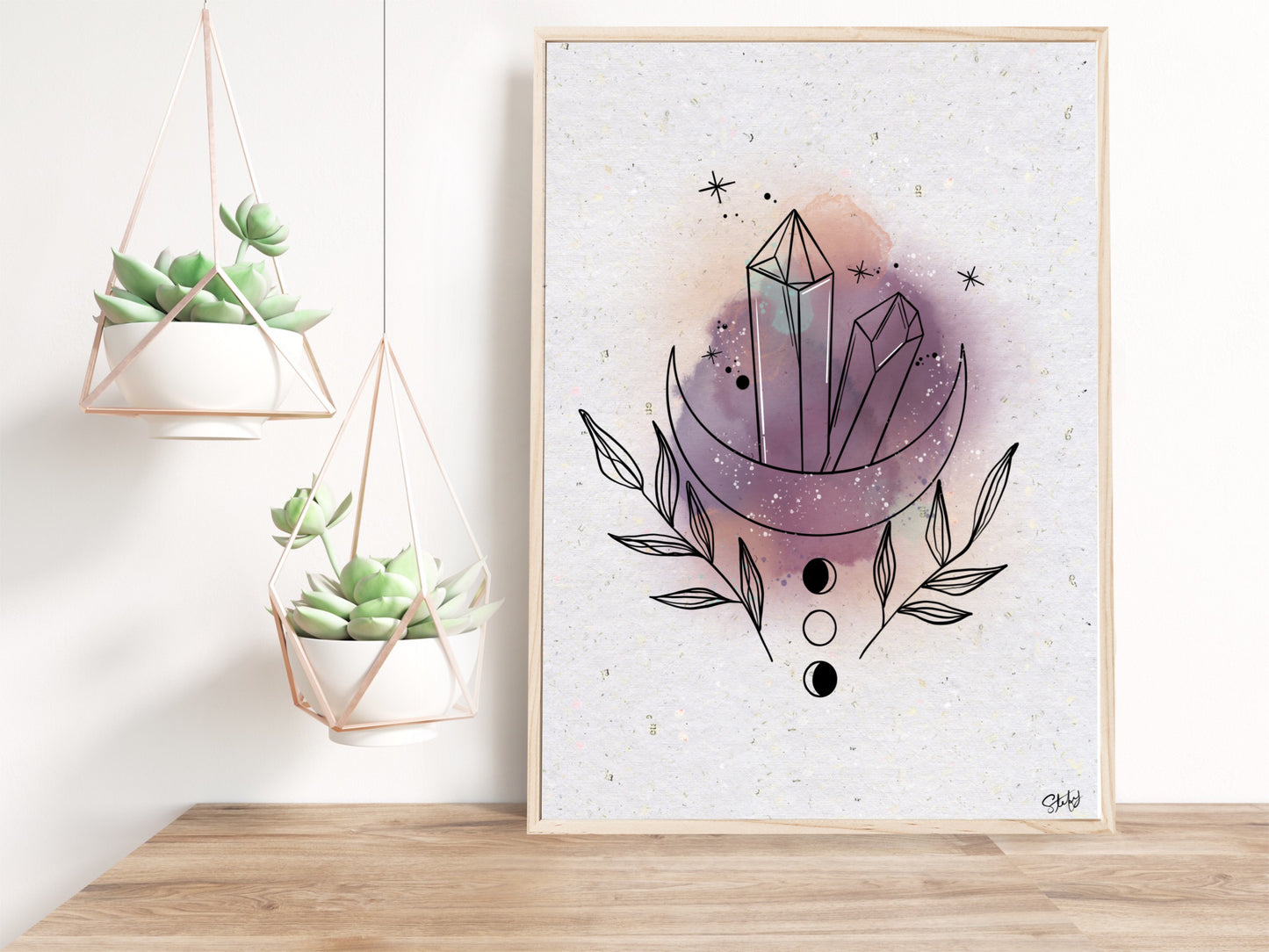 Illustration de cristaux et feuillage à l'aquarelle, impression d’art
