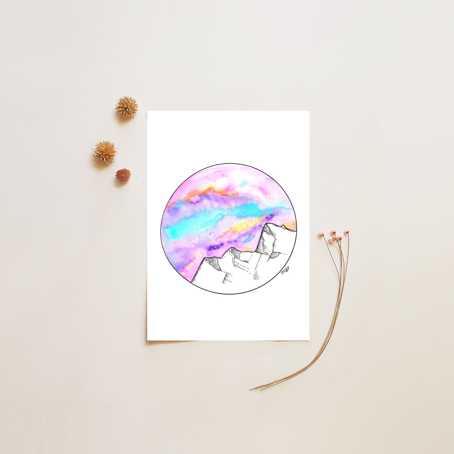 Illustration de montagnes avec fond coloré rose et turquoise, impression d’art