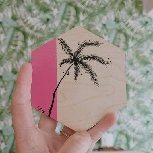 Sous-verre en bois avec palmier, lignage noir minimaliste peint à la main
