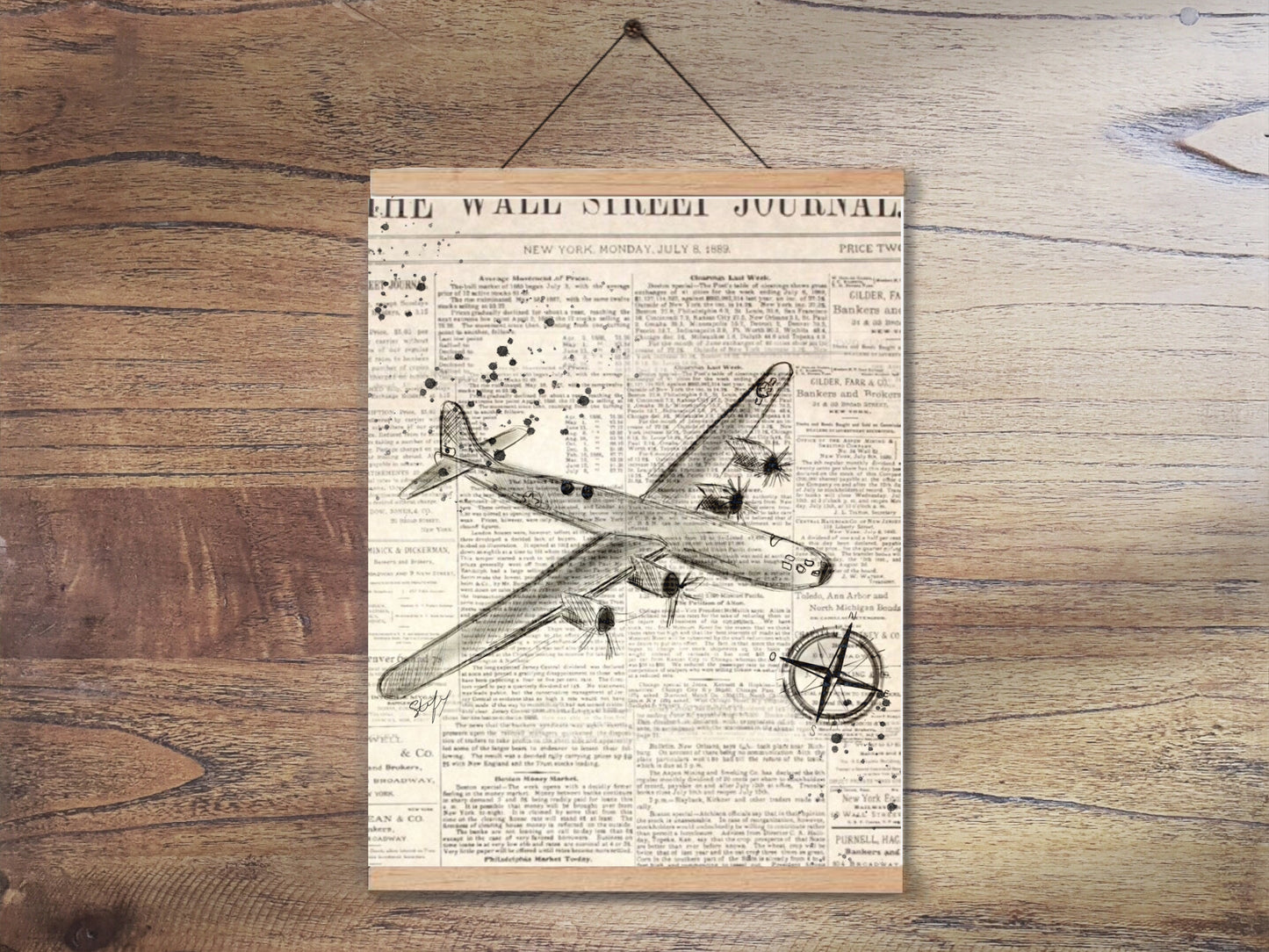 Illustration d’avion sur fond journal, impression d'art par Stefy Artiste, Solde