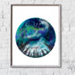 Illustration de sapins et ciel étoilé en cercle turquoise, solde