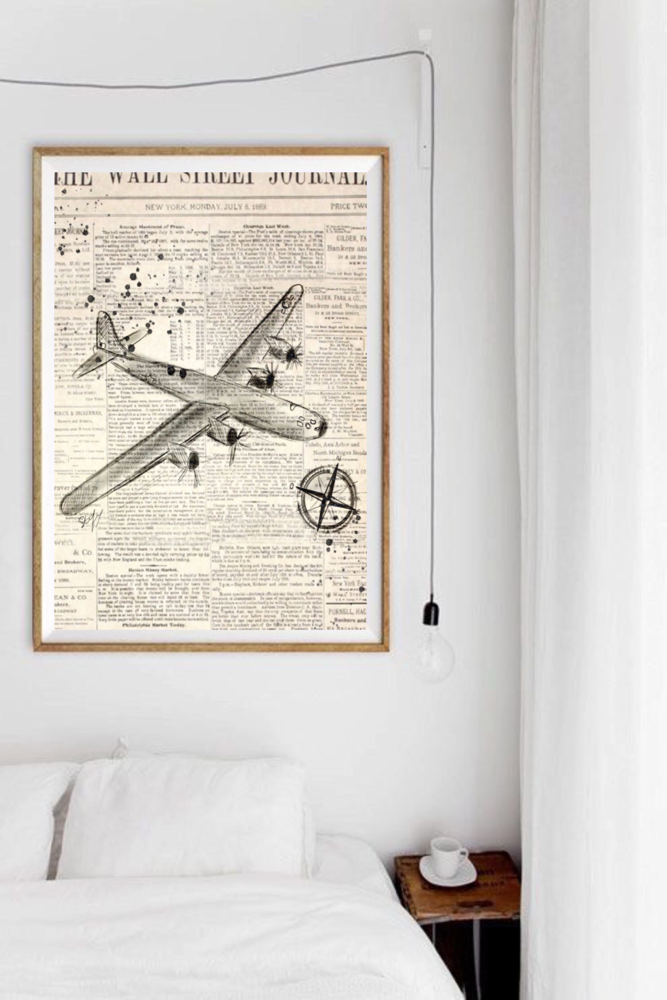 Illustration d’avion sur fond journal, impression d'art par Stefy Artiste, Solde