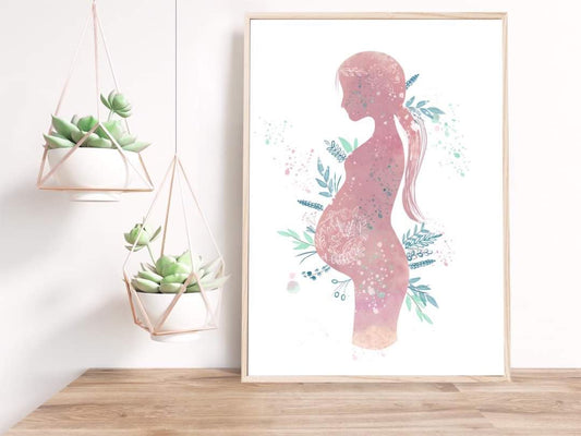 Illustration de femme enceinte avec fleurs et feuillages à l'aquarelle, minimaliste impression d'art par Stefy Artiste, Solde