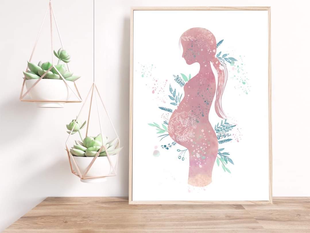 Illustration de femme enceinte avec fleurs et feuillages à l'aquarelle, minimaliste impression d'art par Stefy Artiste, Solde