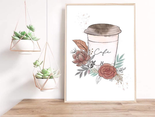 Illustration de café avec fleurs et feuillages à l'aquarelle