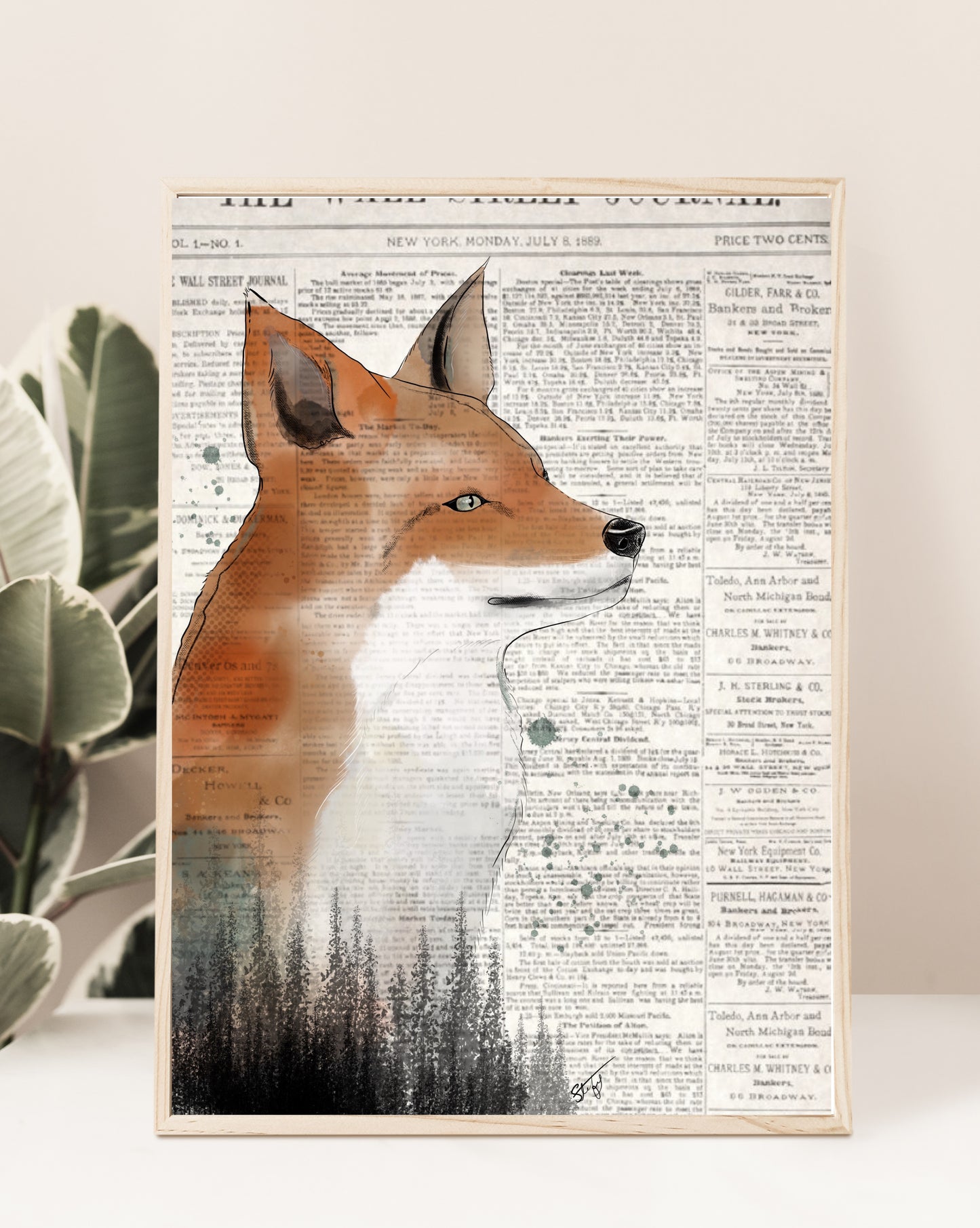 Ilustration de renard et sapins à l’aquarelle sur fond journal