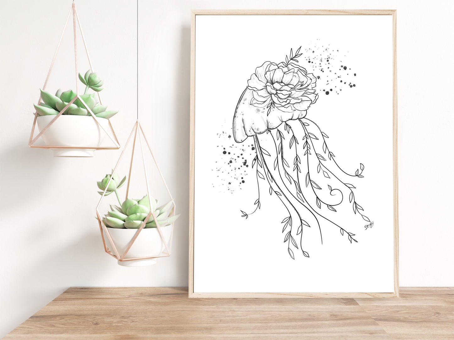 Illustration de méduse et fleur avec lignes minimalistes, solde