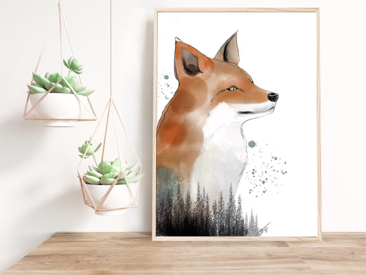 Ilustration de renard et sapins à l’aquarelle