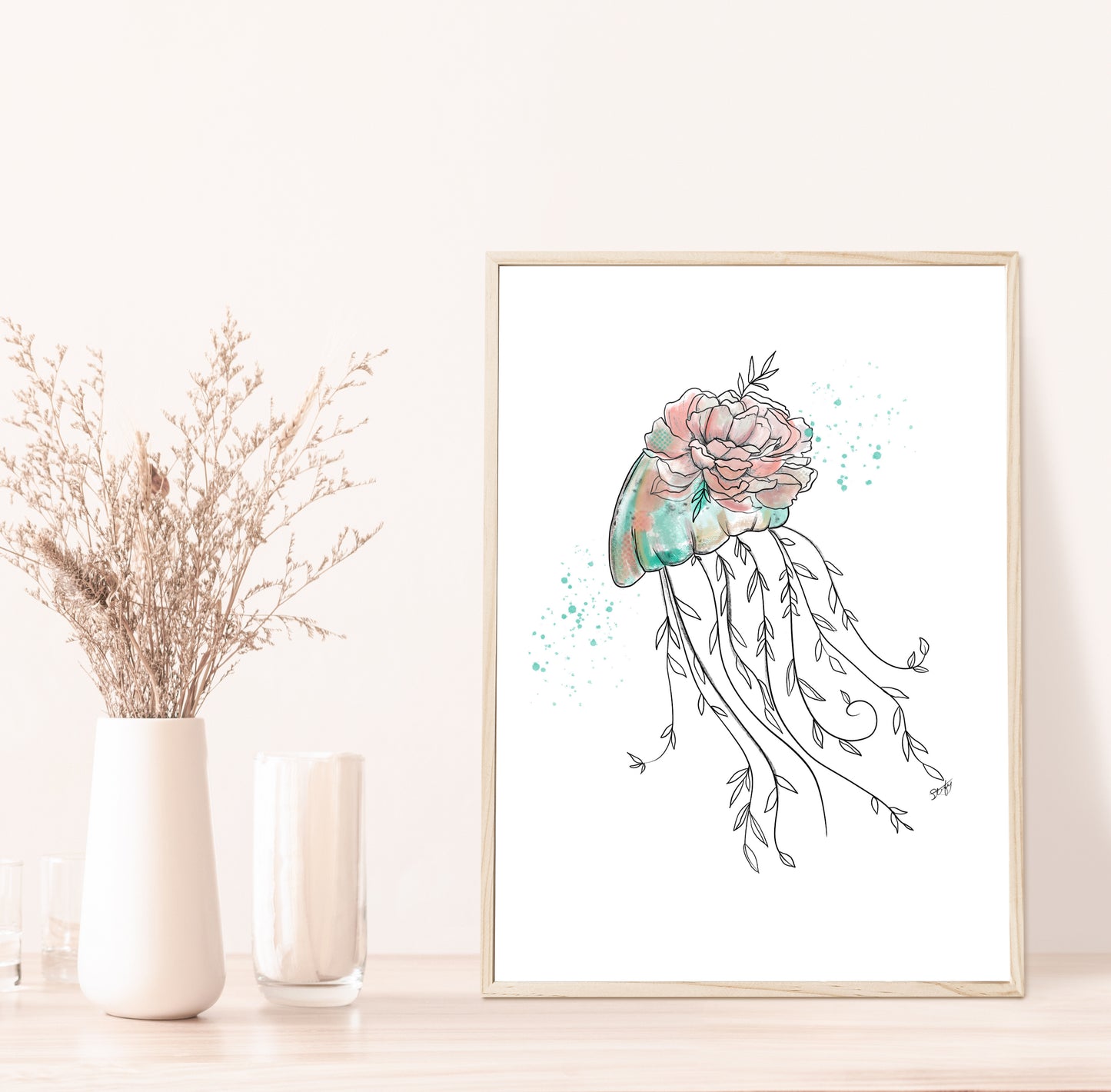 Trio d’illustrations marine, tortue, baleine et méduse avec pivoine coloré, à l’encre