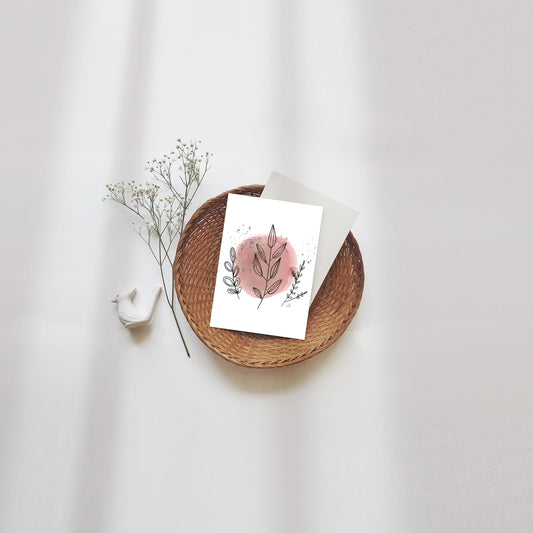 Carte de souhaits avec feuillage minimaliste et aquarelle rose