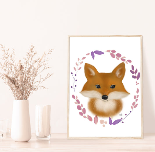 Ilustration de renard avec couronne de feuilles roses à l’aquarelle