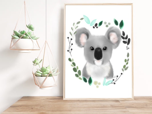 Illustration de koala avec couronne de feuilles à l'aquarelle