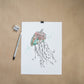 Trio d’illustrations marine, tortue, baleine et méduse avec pivoine coloré, à l’encre