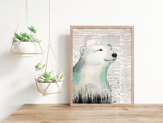 Ilustration d’ours polaire et sapins à l’aquarelle sur fond journal