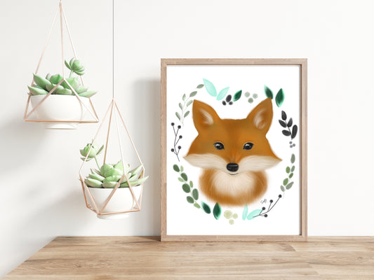 Illustration de renard avec couronne de feuilles à l'aquarelle