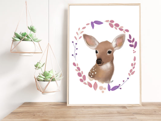 Ilustration de bambi avec couronne de feuilles roses à l’aquarelle