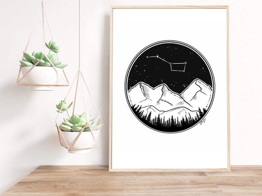 Illustration de montagnes, sapins et grande ourse en solde