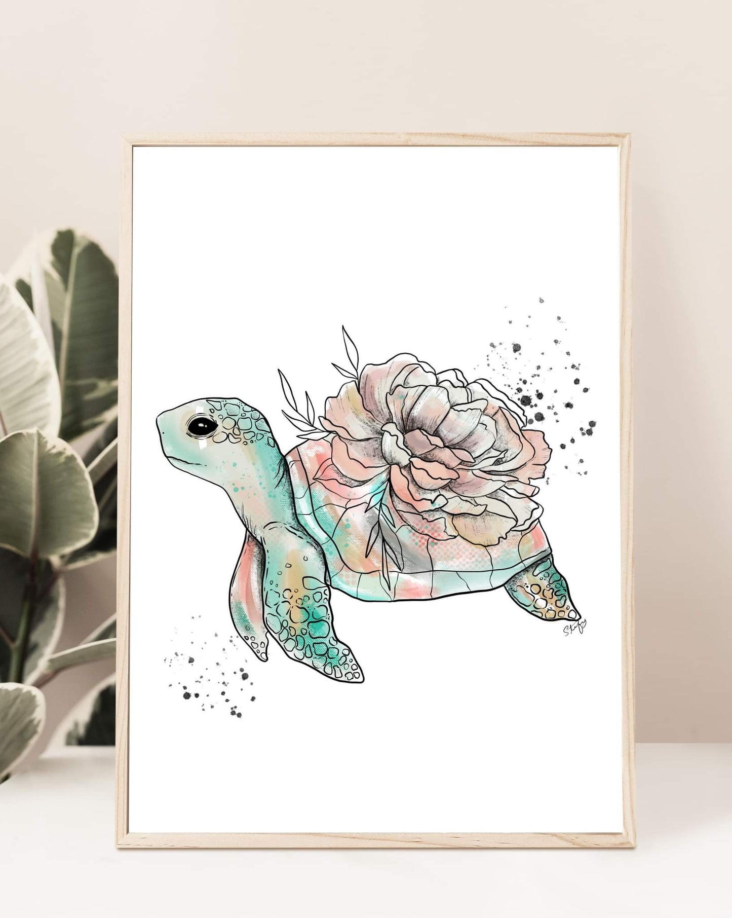 Illustration de tortue avec pivoine coloré, à l’encre