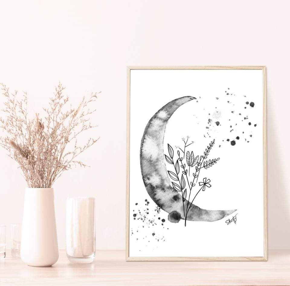 Illustration de lune et fleurs à l'aquarelle, Solde