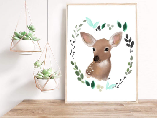 Illustration de bambi avec couronne de feuilles à l'aquarelle