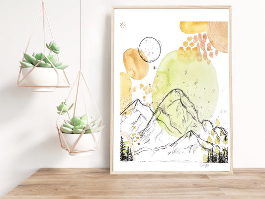 Illustration abstraite avec montagnes et sapins, aquarelle couleurs terres, Stefy Artiste