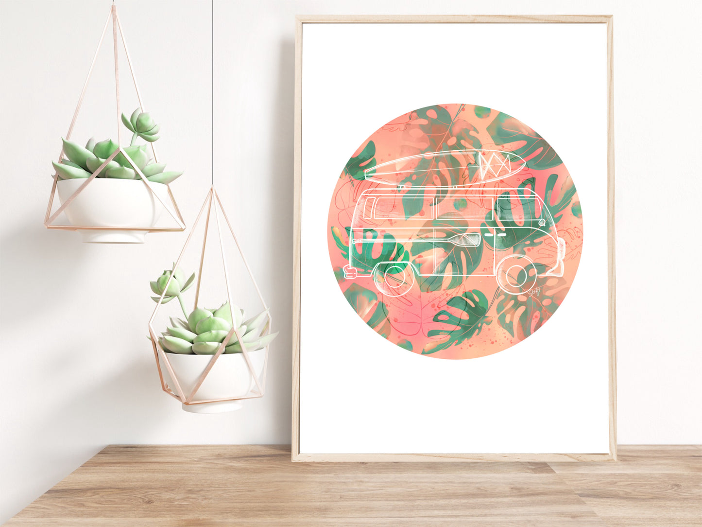 Illustration cercle avec westfalia et feuilles monstera, aquarelle tropical couleur corail, Stefy Artiste