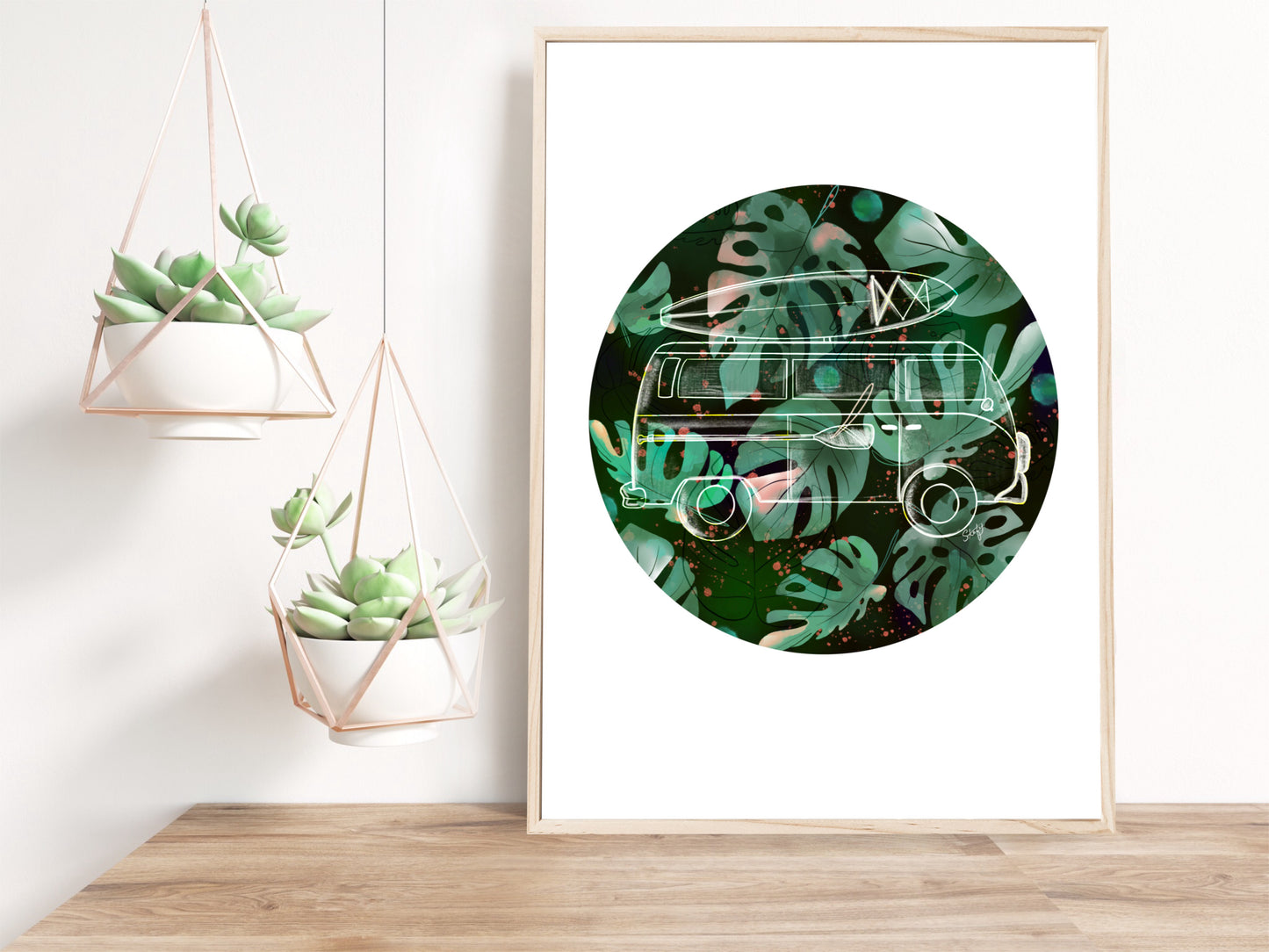 Illustration cercle avec westfalia et feuilles monstera, aquarelle tropical, Stefy Artiste