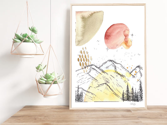 Illustration abstraite avec montagnes et sapins, aquarelle couleurs terres, Stefy Artiste