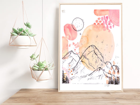 Illustration abstraite avec montagnes et sapins, aquarelle rose et corail, Stefy Artiste