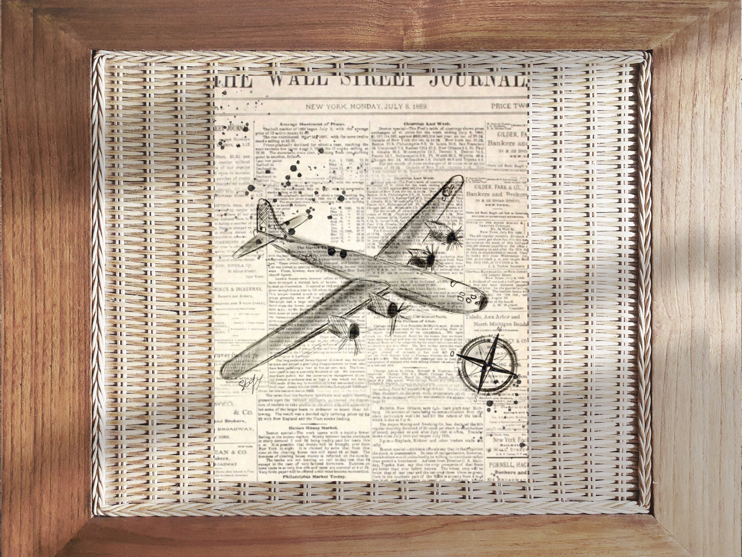 Illustration d’avion sur fond journal, impression d'art par Stefy Artiste, Solde