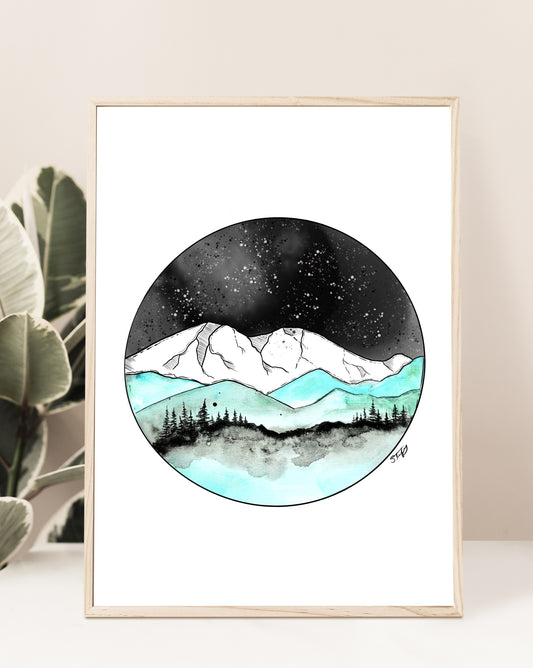 Illustration de montagnes, sapins en cercle turquoise