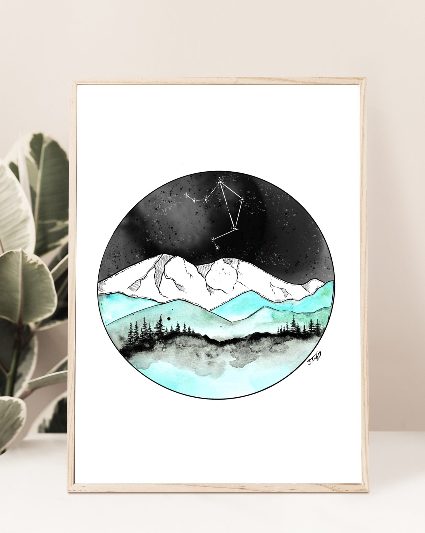 Illustration de cercle et montagnes avec constellation à l'aquarelle