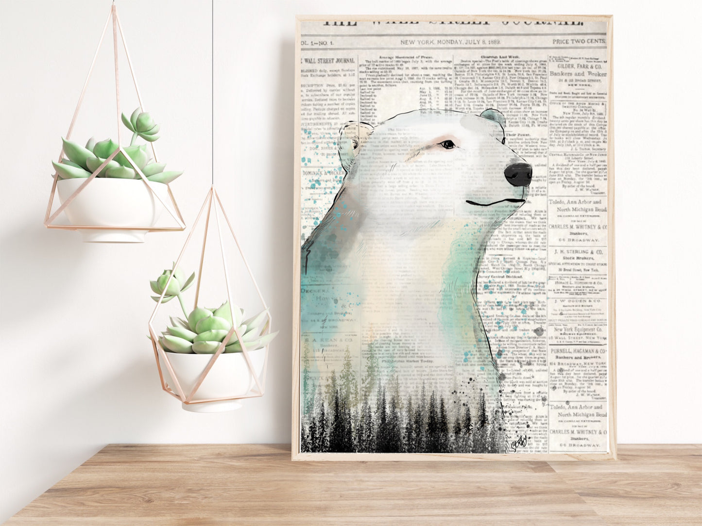 Ilustration d’ours polaire et sapins à l’aquarelle sur fond journal
