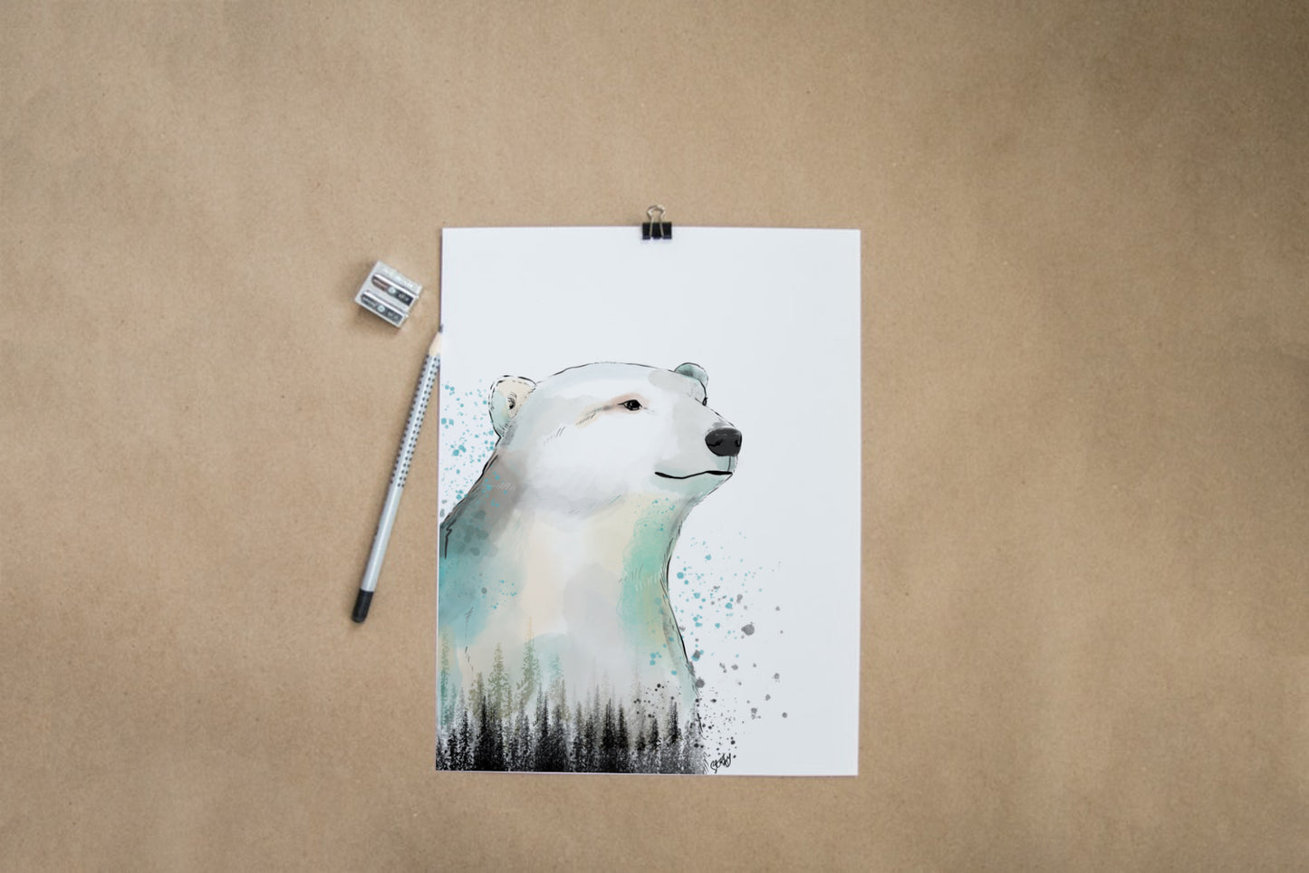 Ilustration d’ours polaire et sapins à l’aquarelle