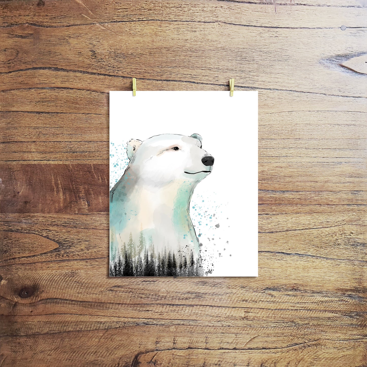 Ilustration d’ours polaire et sapins à l’aquarelle