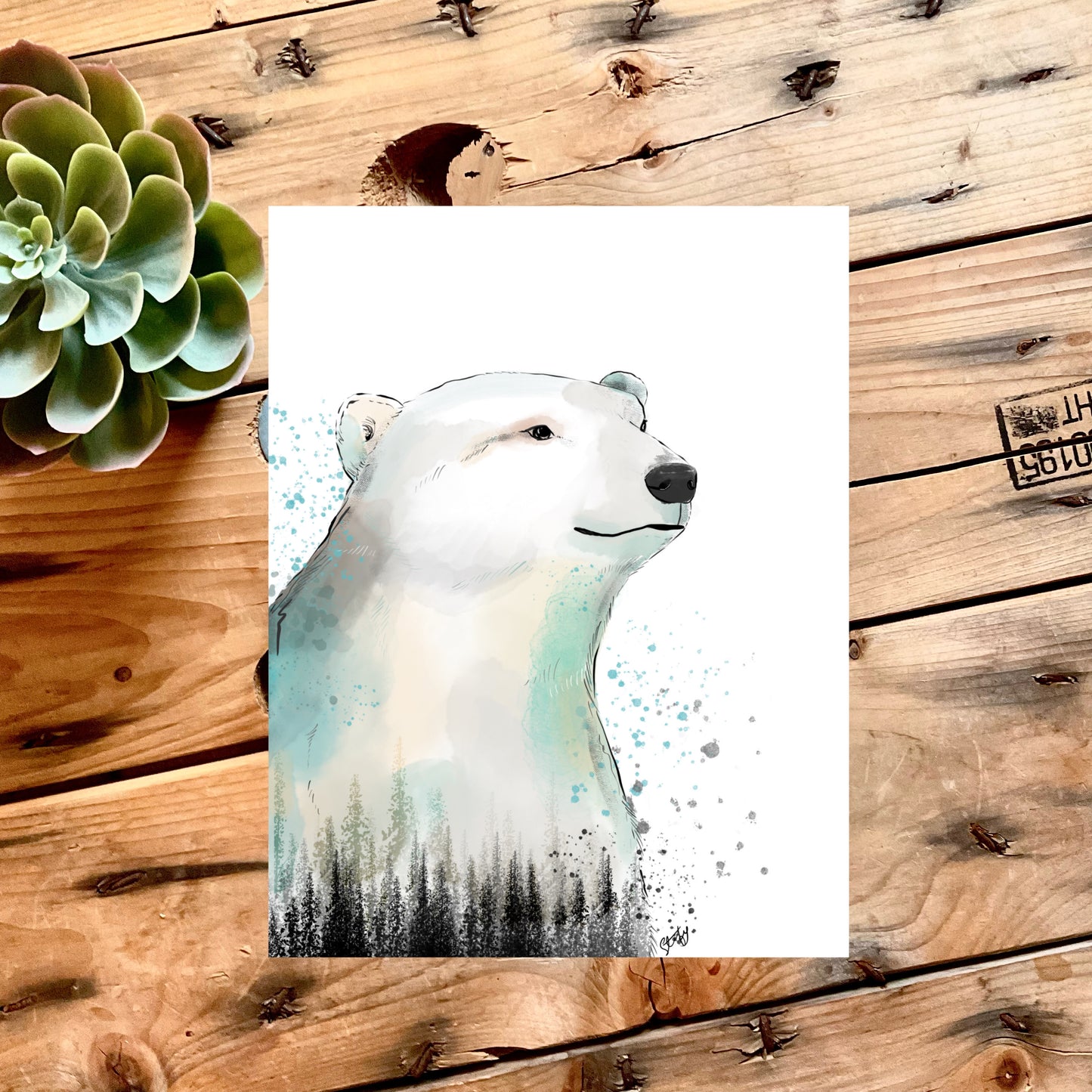 Ilustration d’ours polaire et sapins à l’aquarelle