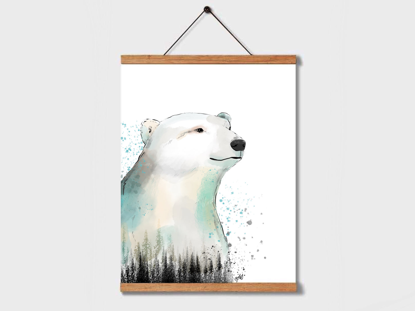 Ilustration d’ours polaire et sapins à l’aquarelle