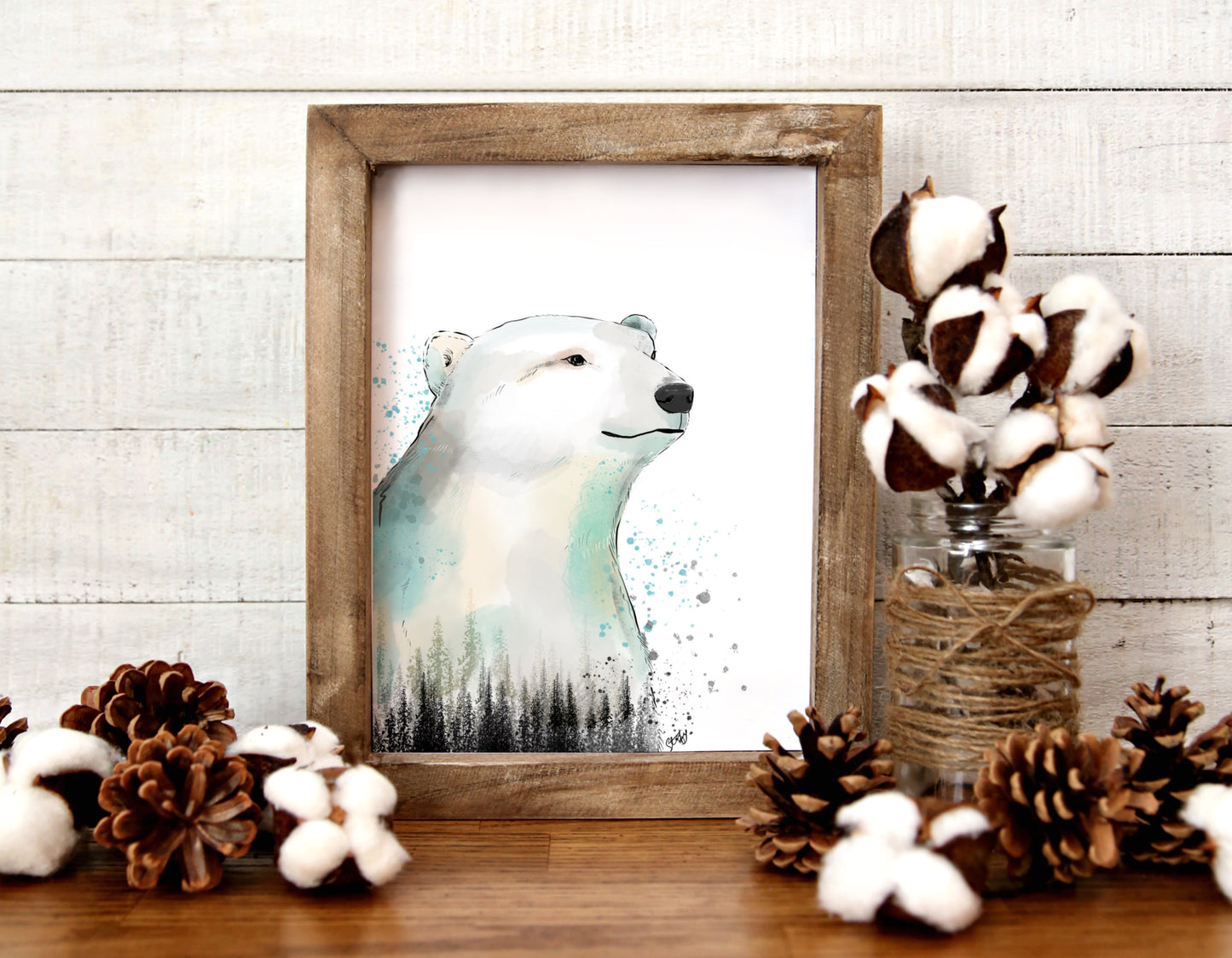 Ilustration d’ours polaire et sapins à l’aquarelle