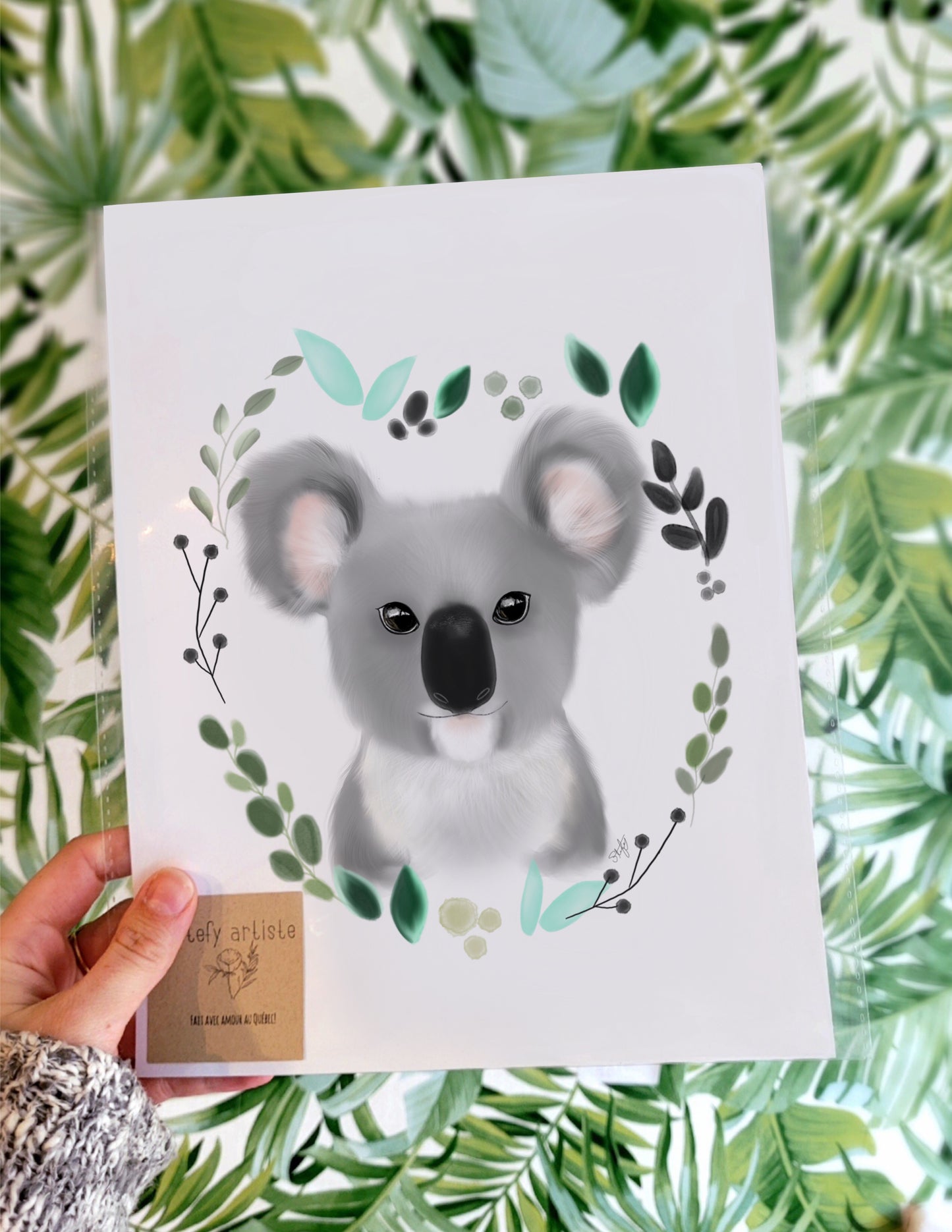 Illustration de koala avec couronne de feuilles à l'aquarelle