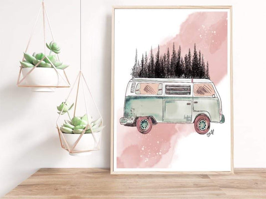 Illustration de westfalia avec sapins à l'aquarelle, westfalia turquoise et rose