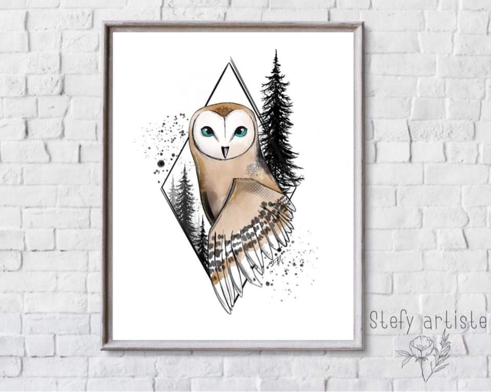 Illustration de hibou avec losange et sapins aquarelle, impression d'art par Stefy Artiste