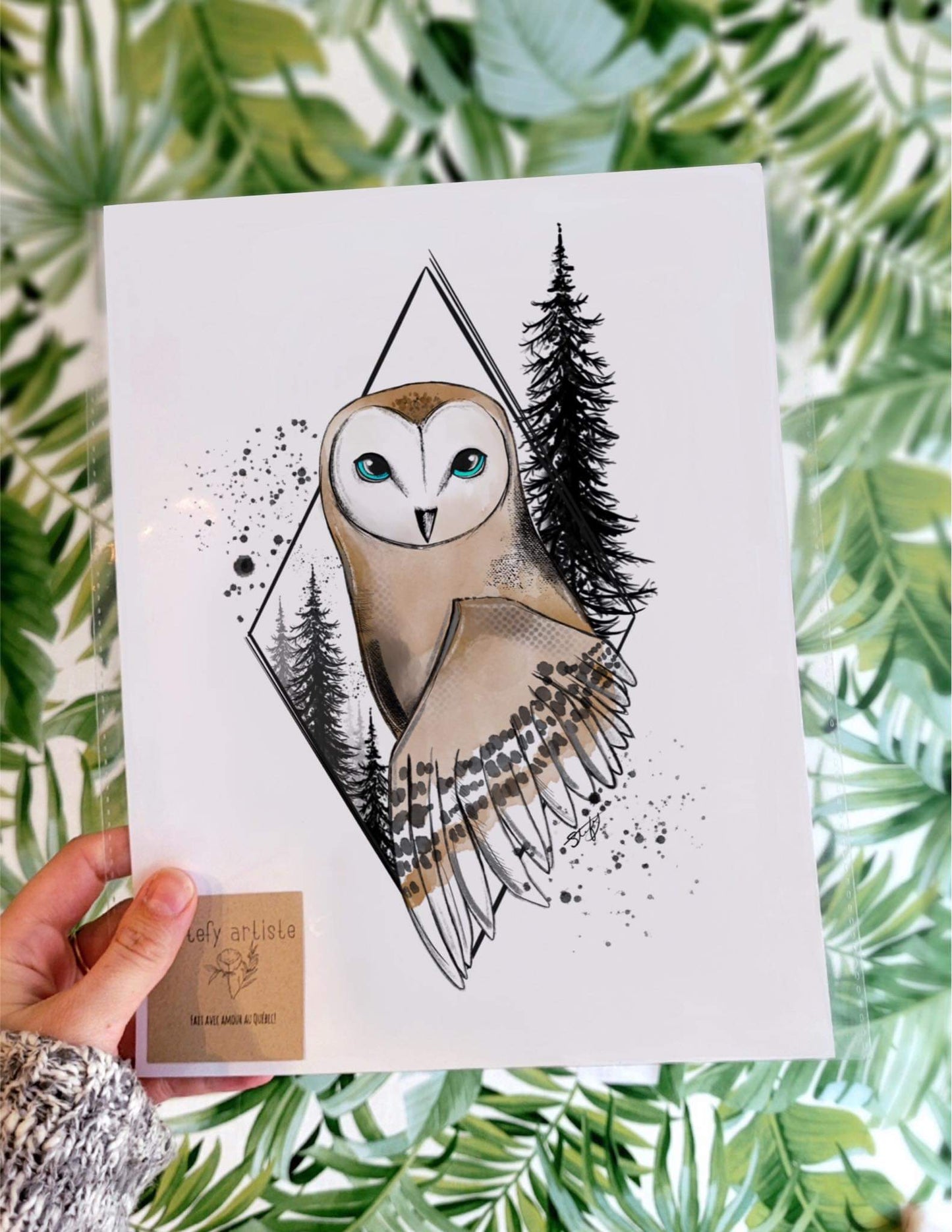 Illustration de hibou avec losange et sapins aquarelle, impression d'art par Stefy Artiste