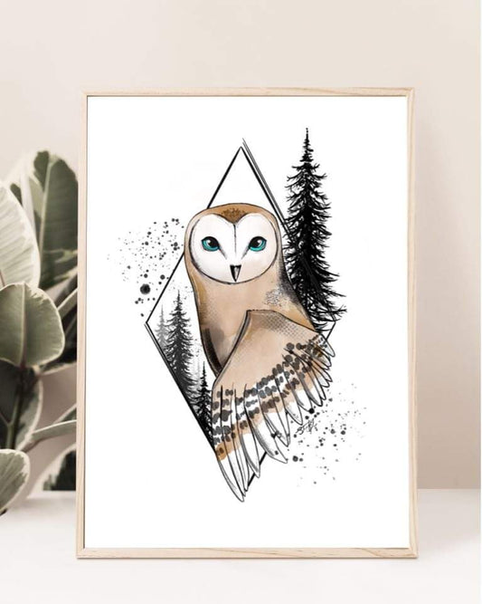 Illustration de hibou avec losange et sapins aquarelle, impression d'art par Stefy Artiste