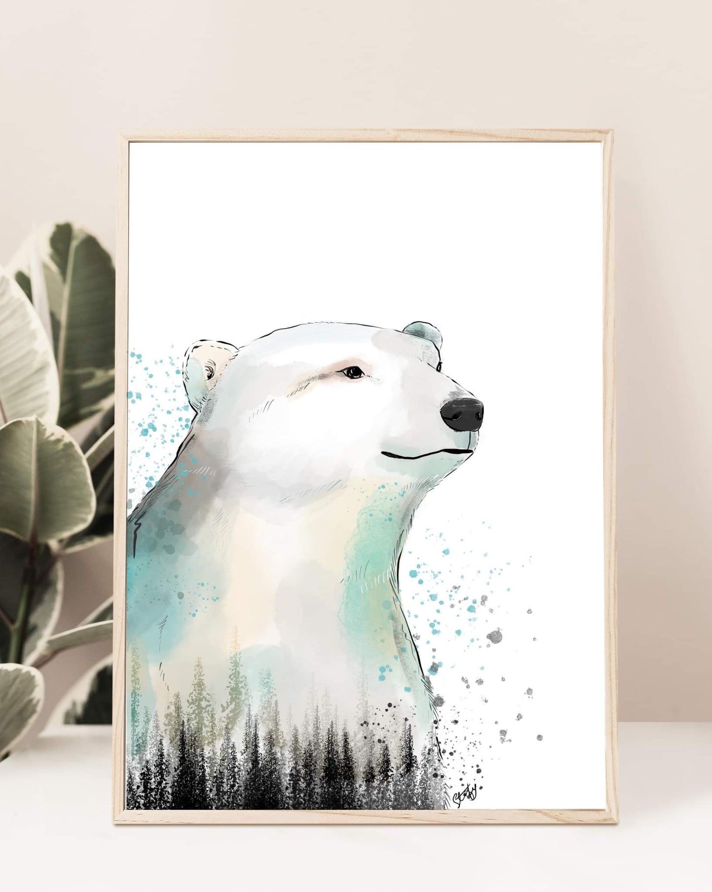 Ilustration d’ours polaire et sapins à l’aquarelle